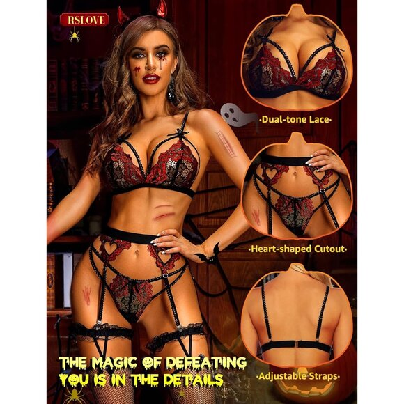 Women's Black&red Babydoll Bodysuit Set 3PC | Lace Teddy & Garter Belt Lingerie - Picture 3 of 5